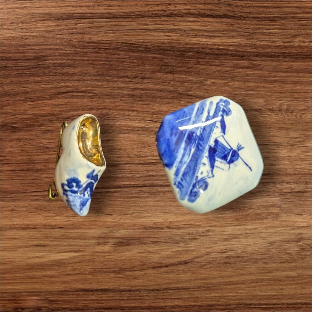 Blue & White Delft Holland‎ Ceramic Windmill Pin Brooch Pair Rustic Charm